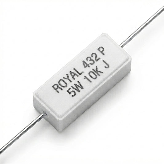 Resistenza a filo da 10 k Ohm con corpo ceramico bianco da 5W e reofori assiali per montaggio PTH