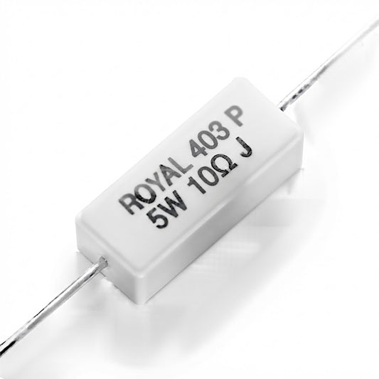 Resistenza a filo da 10 Ohm con corpo ceramico bianco da 5W e reofori assiali per montaggio PTH