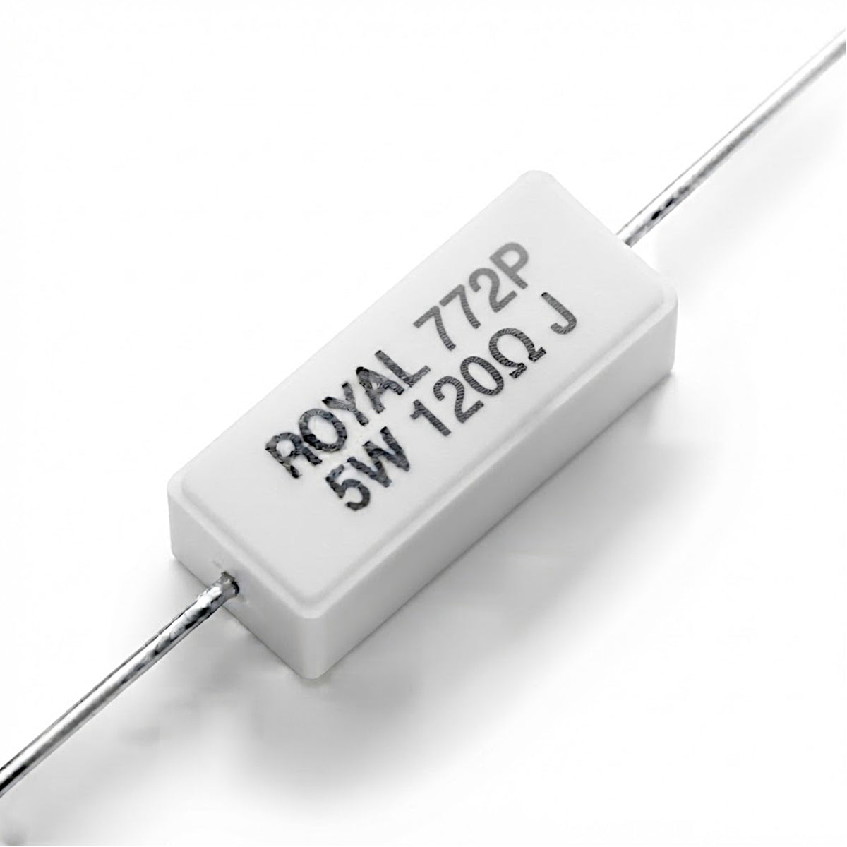 Resistenza a filo da 120 Ohm con corpo ceramico bianco da 5W e reofori assiali per montaggio PTH