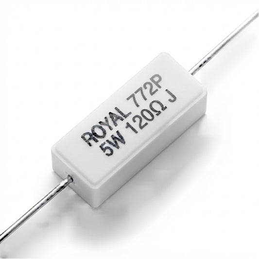 Resistenza a filo da 120 Ohm con corpo ceramico bianco da 5W e reofori assiali per montaggio PTH
