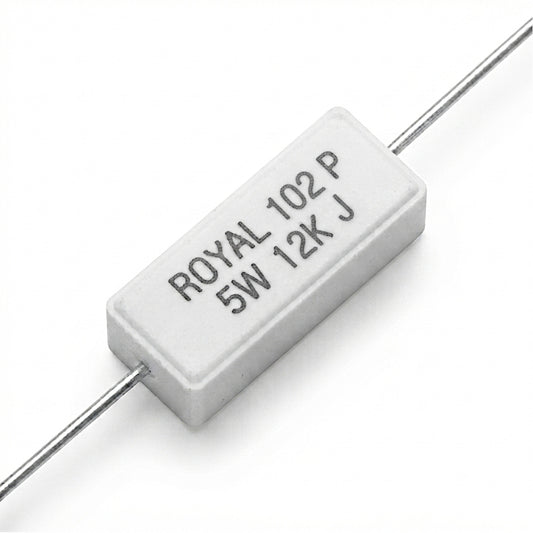 Resistenza a filo da 12 k Ohm con corpo ceramico bianco da 5W e reofori assiali per montaggio PTH
