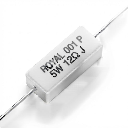 Resistenza a filo da 12 Ohm con corpo ceramico bianco da 5W e reofori assiali per montaggio PTH