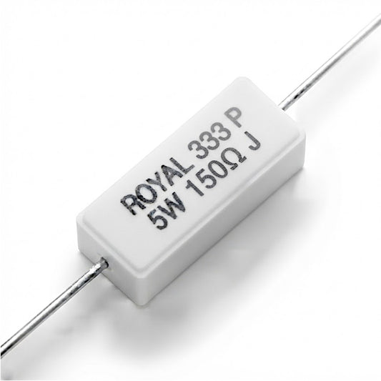Resistenza a filo da 150 Ohm con corpo ceramico bianco da 5W e reofori assiali per montaggio PTH