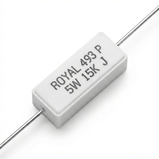 Resistenza a filo da 15 k Ohm con corpo ceramico bianco da 5W e reofori assiali per montaggio PTH