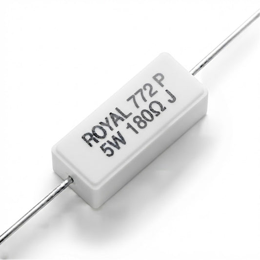 Resistenza a filo da 180 Ohm con corpo ceramico bianco da 5W e reofori assiali per montaggio PTH