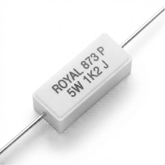 Resistenza a filo da 1,2 k Ohm con corpo ceramico bianco da 5W e reofori assiali per montaggio PTH