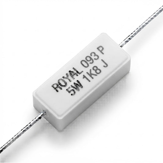 Resistenza a filo da 1,8 k Ohm con corpo ceramico bianco da 5W e reofori assiali per montaggio PTH