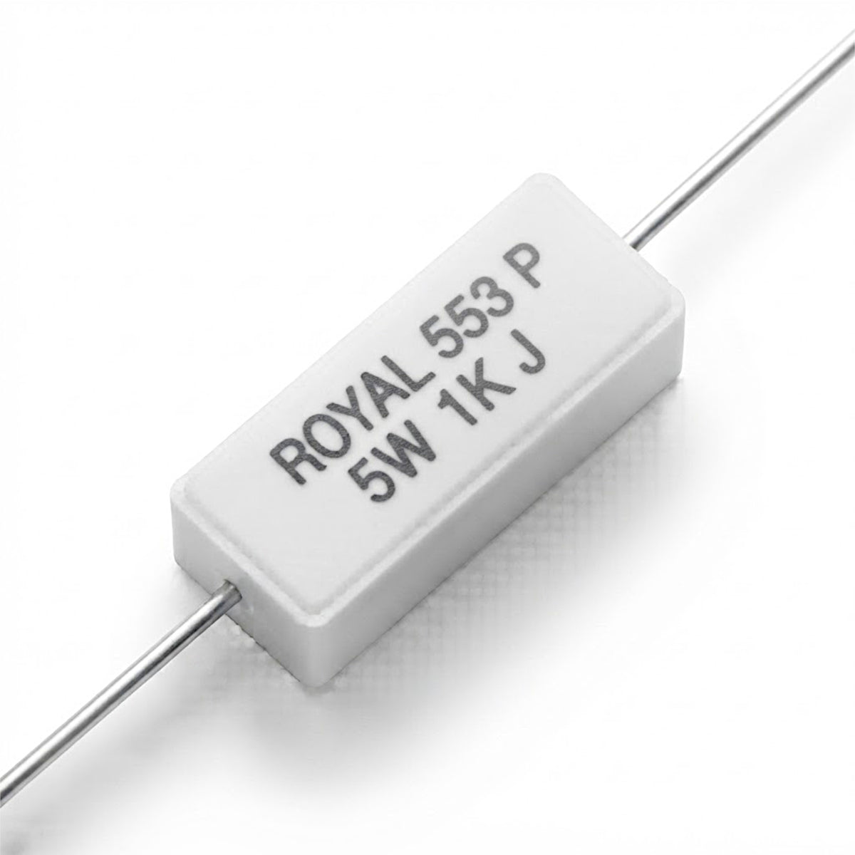 Resistenza a filo da 1 k Ohm con corpo ceramico bianco da 5W e reofori assiali per montaggio PTH