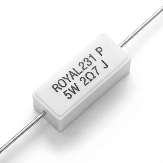 Resistenza a filo da 2,7 Ohm con corpo ceramico bianco da 5W e reofori assiali per montaggio PTH