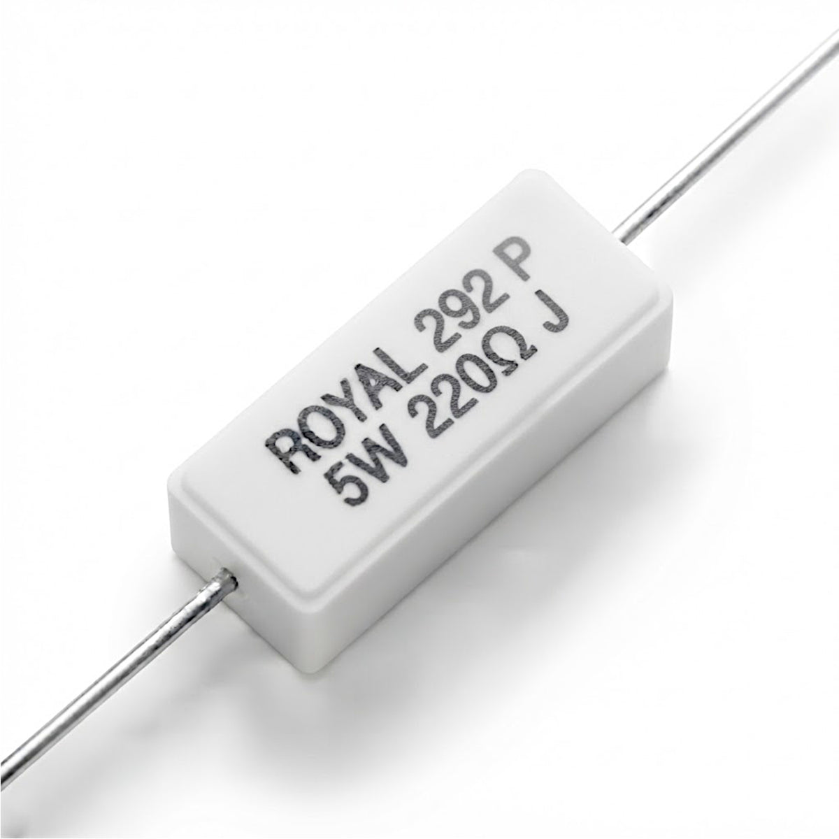 Resistenza a filo da 220 Ohm con corpo ceramico bianco da 5W e reofori assiali per montaggio PTH