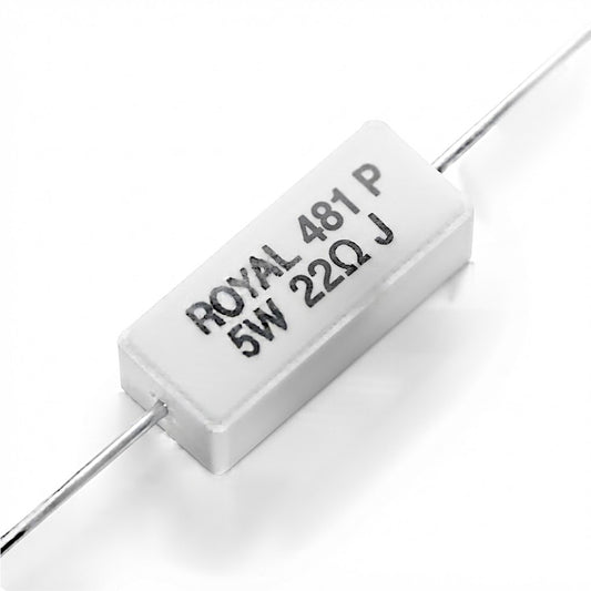 Resistenza a filo da 22 Ohm con corpo ceramico bianco da 5W e reofori assiali per montaggio PTH