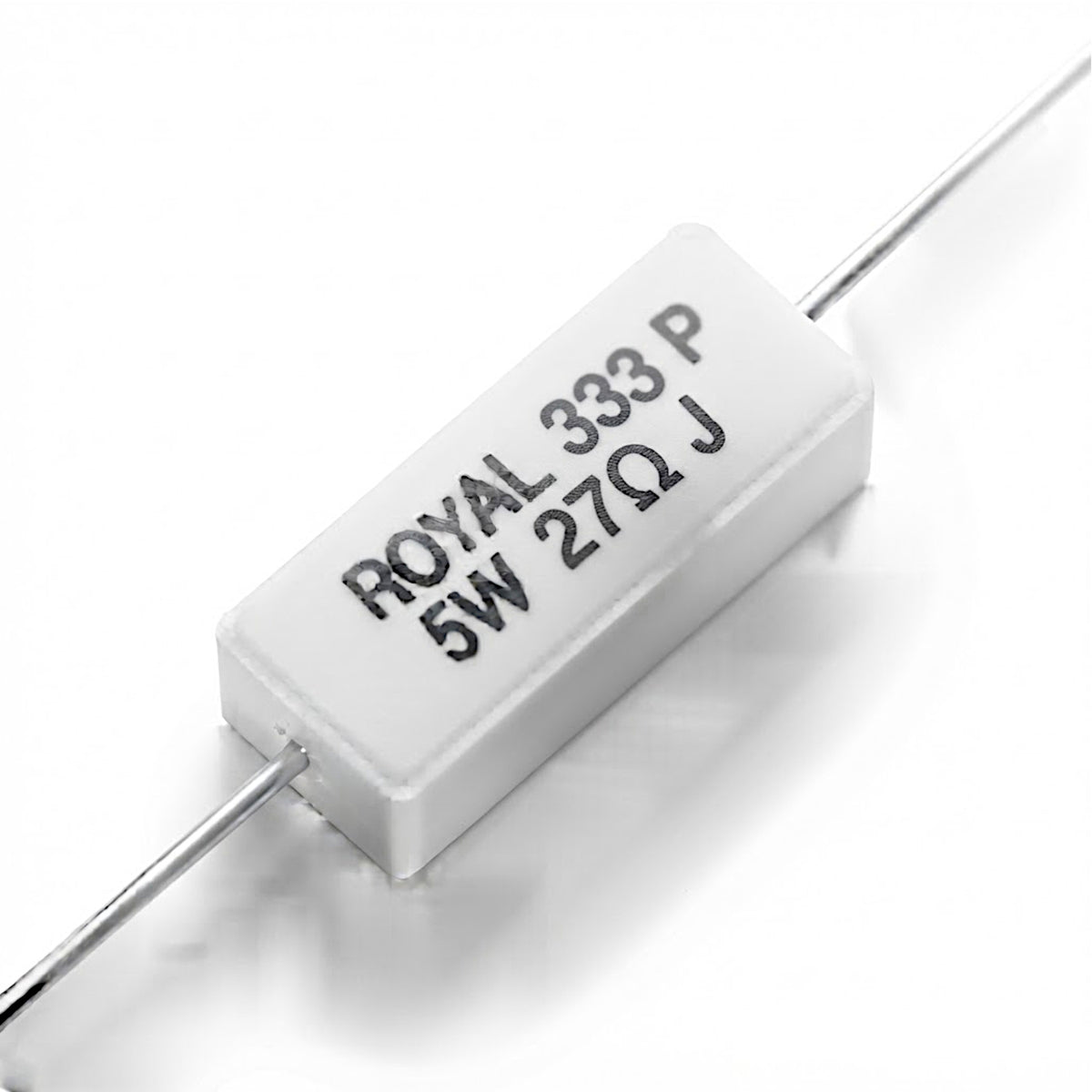 Resistenza a filo da 27 Ohm con corpo ceramico bianco da 5W e reofori assiali per montaggio PTH