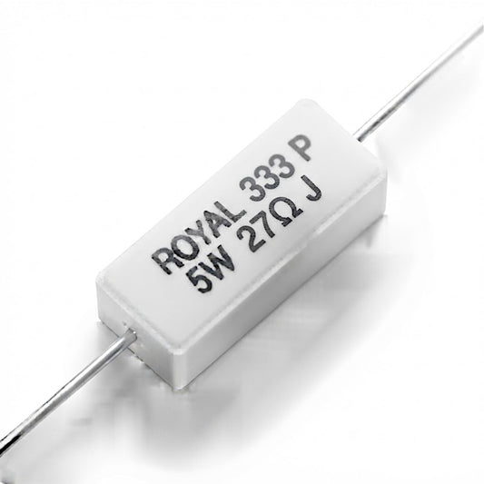 Resistenza a filo da 27 Ohm con corpo ceramico bianco da 5W e reofori assiali per montaggio PTH