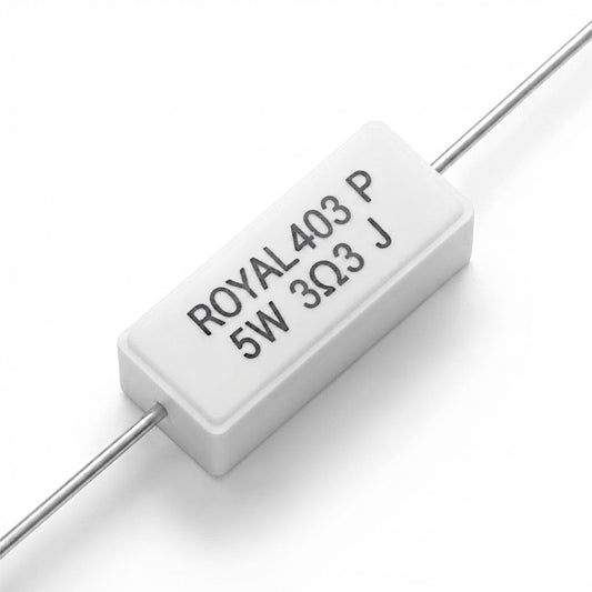 Resistenza a filo da 3,3 Ohm con corpo ceramico bianco da 5W e reofori assiali per montaggio PTH