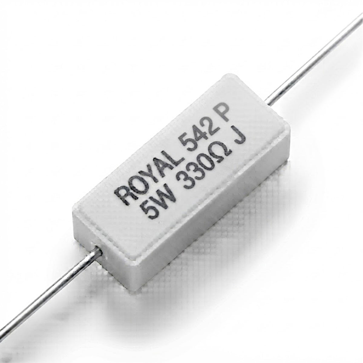 Resistenza a filo da 330 Ohm con corpo ceramico bianco da 5W e reofori assiali per montaggio PTH