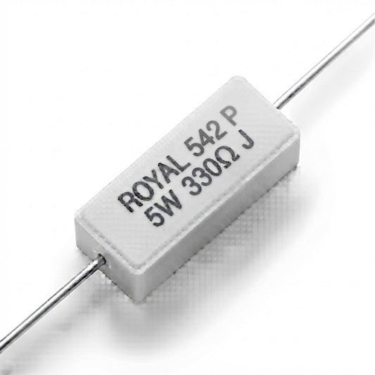Resistenza a filo da 330 Ohm con corpo ceramico bianco da 5W e reofori assiali per montaggio PTH