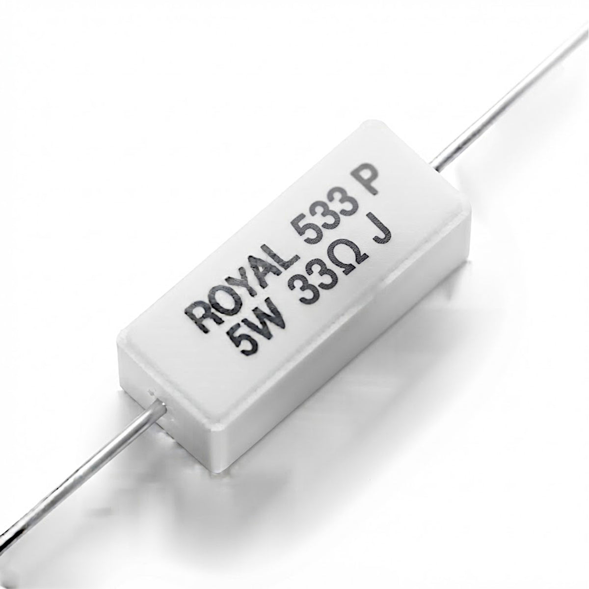 Resistenza a filo da 33 Ohm con corpo ceramico bianco da 5W e reofori assiali per montaggio PTH