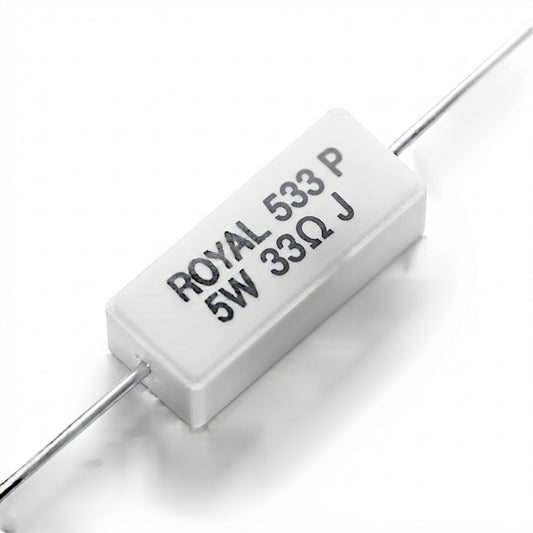 Resistenza a filo da 33 Ohm con corpo ceramico bianco da 5W e reofori assiali per montaggio PTH