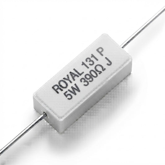 Resistenza a filo da 390 Ohm con corpo ceramico bianco da 5W e reofori assiali per montaggio PTH