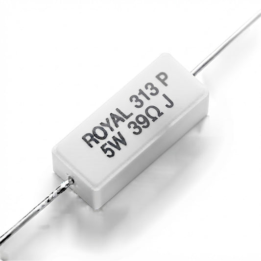 Resistenza a filo da 39 Ohm con corpo ceramico bianco da 5W e reofori assiali per montaggio PTH