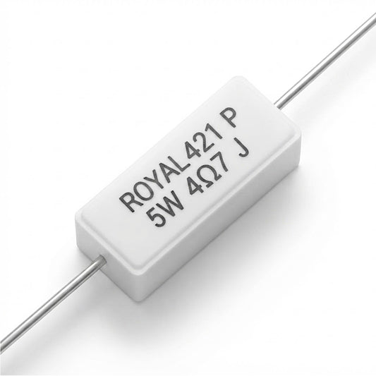 Resistenza a filo da 4,7 Ohm con corpo ceramico bianco da 5W e reofori assiali per montaggio PTH