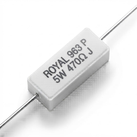 Resistenza a filo da 470 Ohm con corpo ceramico bianco da 5W e reofori assiali per montaggio PTH