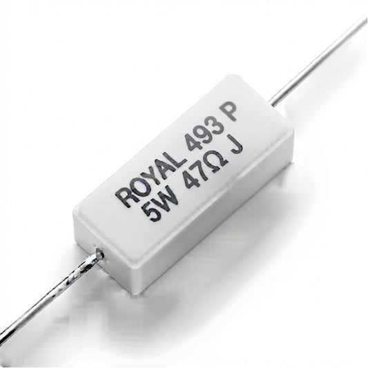 Resistenza a filo da 47 Ohm con corpo ceramico bianco da 5W e reofori assiali per montaggio PTH