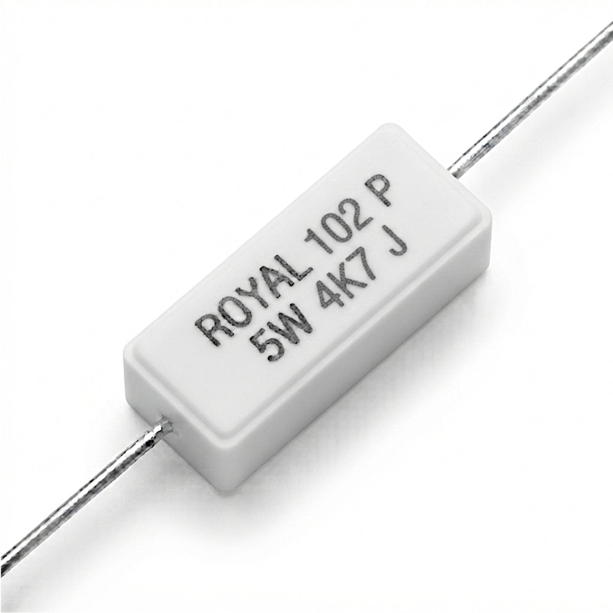 Resistenza a filo da 4,7 k Ohm con corpo ceramico bianco da 5W e reofori assiali per montaggio PTH