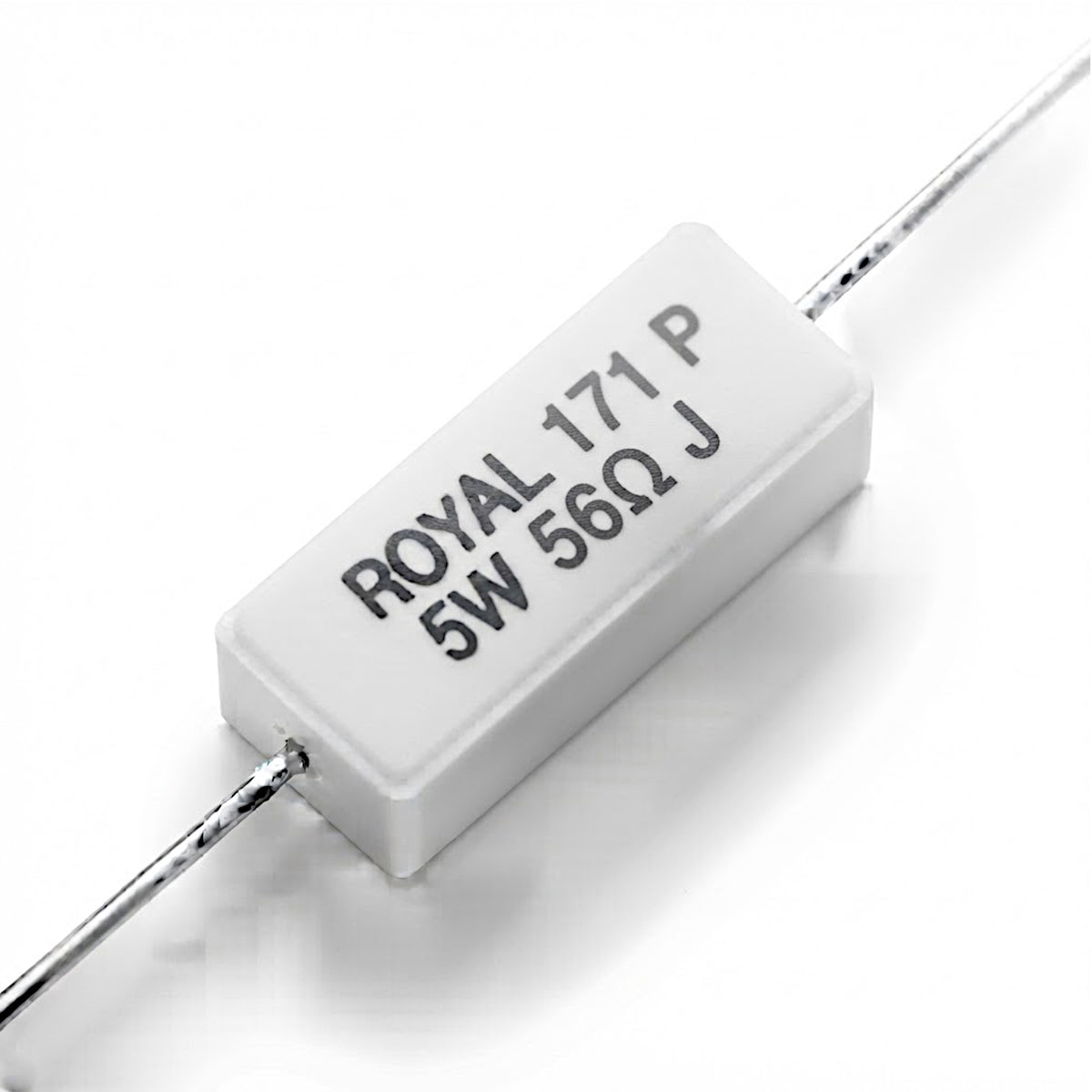 Resistenza a filo da 56 Ohm con corpo ceramico bianco da 5W e reofori assiali per montaggio PTH