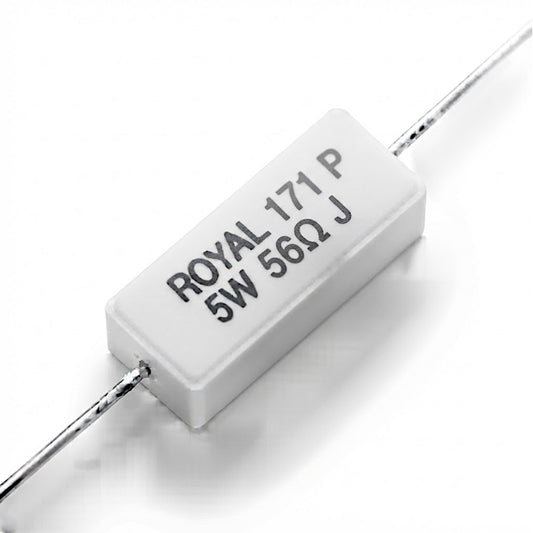 Resistenza a filo da 56 Ohm con corpo ceramico bianco da 5W e reofori assiali per montaggio PTH