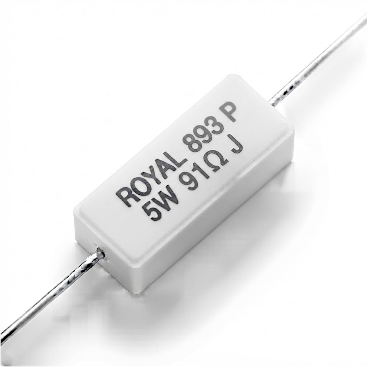 Resistenza a filo da 91 Ohm con corpo ceramico bianco da 5W e reofori assiali per montaggio PTH