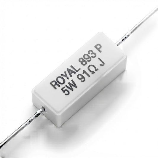 Resistenza a filo da 91 Ohm con corpo ceramico bianco da 5W e reofori assiali per montaggio PTH