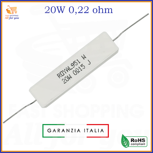 Resistenza ceramica 20W 0,22 ohm a filo Royal – reofori assiali