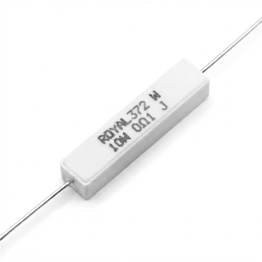 Resistenza a filo avvolto in corpo ceramico 0.10 Ohm 10W con terminali assiali per montaggio PTH su circuito stampato