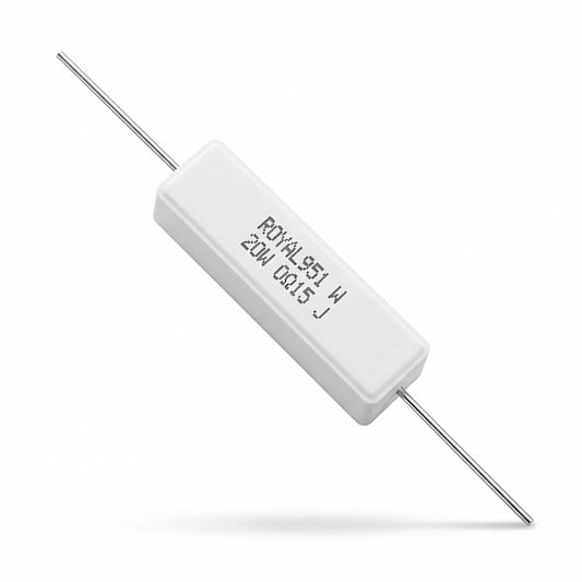 Resistenza a filo avvolto in corpo ceramico 0,15 Ohm 20W con terminali assiali per montaggio PTH su circuito stampato
