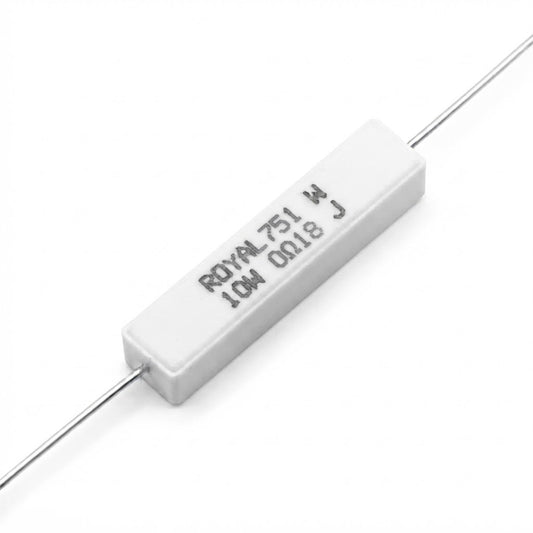 Resistenza a filo avvolto in corpo ceramico 0.18 Ohm 10W con terminali assiali per montaggio PTH su circuito stampato