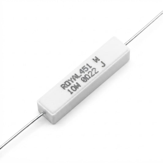 Resistenza a filo avvolto in corpo ceramico 0.22 Ohm 10W con terminali assiali per montaggio PTH su circuito stampato
