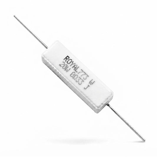 Resistenza a filo avvolto in corpo ceramico 0,33 Ohm 20W con terminali assiali per montaggio PTH su circuito stampato