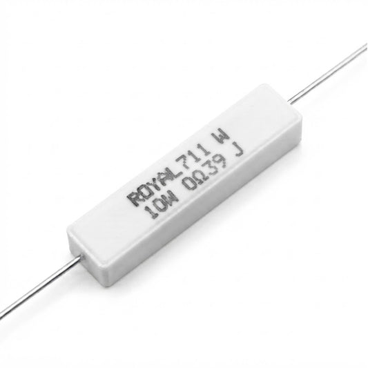 Resistenza a filo avvolto in corpo ceramico 0.39 Ohm 10W con terminali assiali per montaggio PTH su circuito stampato
