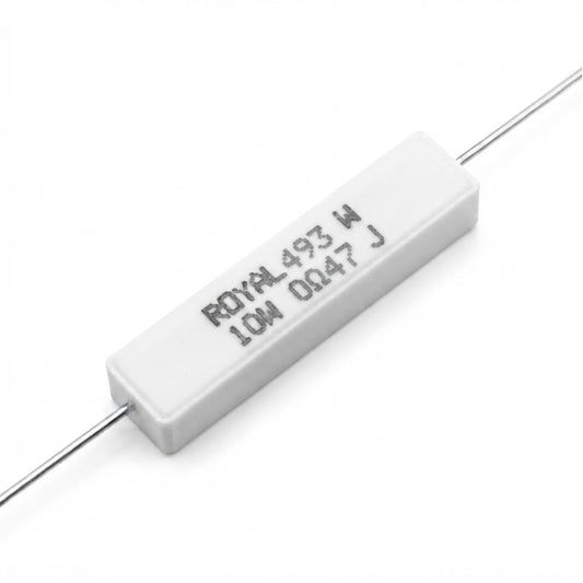 Resistenza a filo avvolto in corpo ceramico 0.47 Ohm 10W con terminali assiali per montaggio PTH su circuito stampato