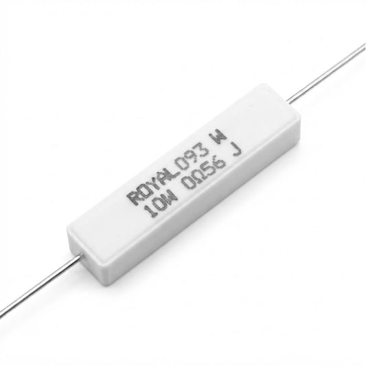 Resistenza a filo avvolto in corpo ceramico 0.56 Ohm 10W con terminali assiali per montaggio PTH su circuito stampato