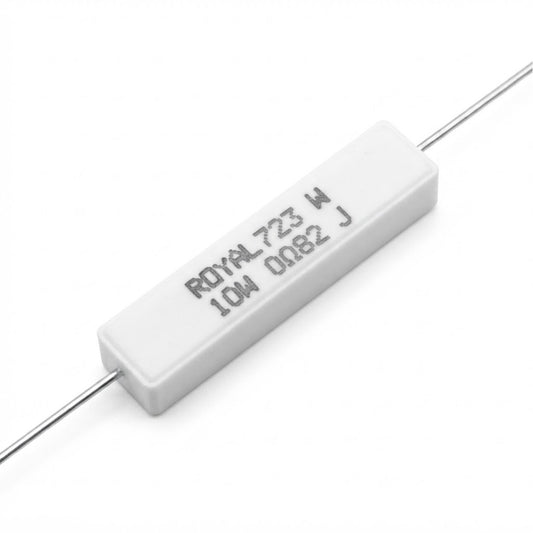 Resistenza a filo avvolto in corpo ceramico 0.82 Ohm 10W con terminali assiali per montaggio PTH su circuito stampato