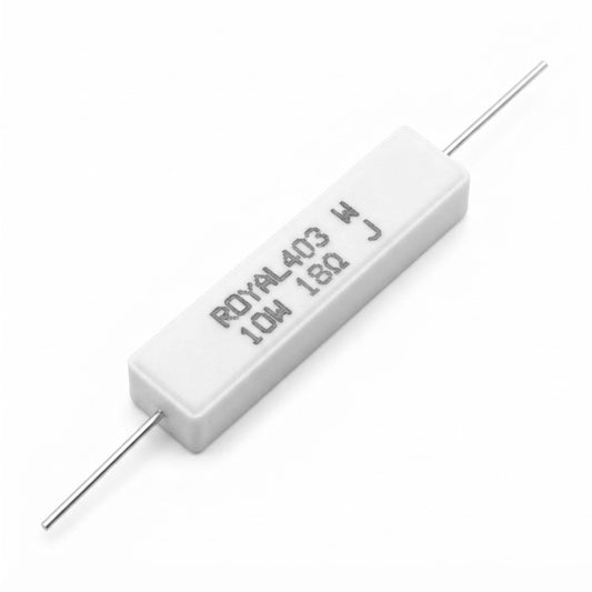 Resistenza a filo avvolto in corpo ceramico 18 Ohm 10W con terminali assiali per montaggio PTH su circuito stampato