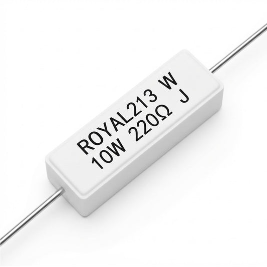 Resistenza a filo avvolto in corpo ceramico 220 Ohm 10W con terminali assiali per montaggio PTH su circuito stampato