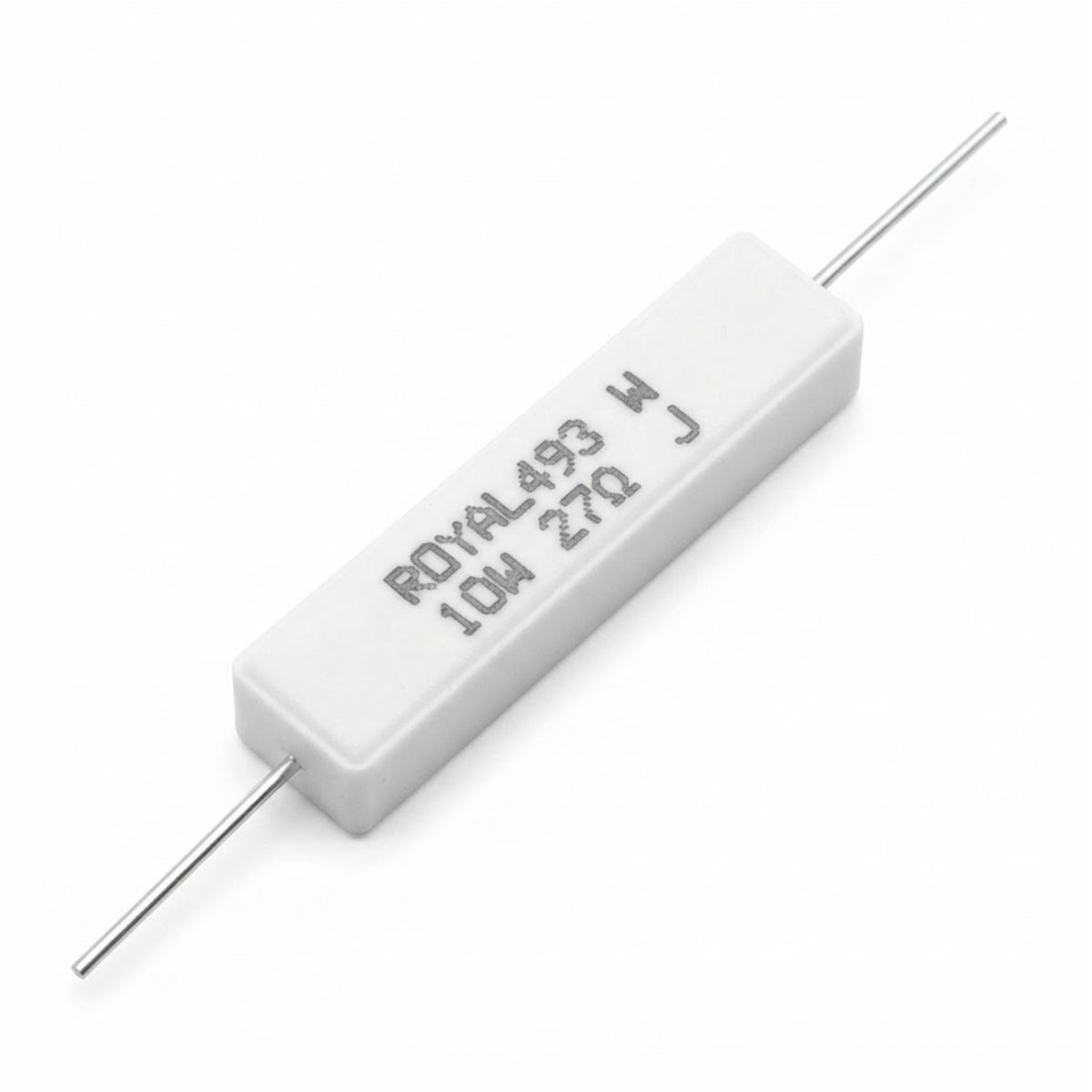 Resistenza a filo avvolto in corpo ceramico 27 Ohm 10W con terminali assiali per montaggio PTH su circuito stampato