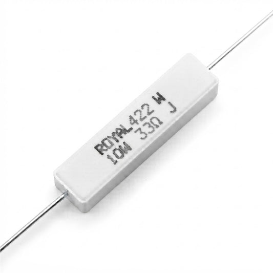 Resistenza a filo avvolto in corpo ceramico 33 Ohm 10W con terminali assiali per montaggio PTH su circuito stampato