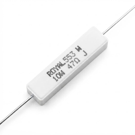 Resistenza a filo avvolto in corpo ceramico 47 Ohm 10W con terminali assiali per montaggio PTH su circuito stampato