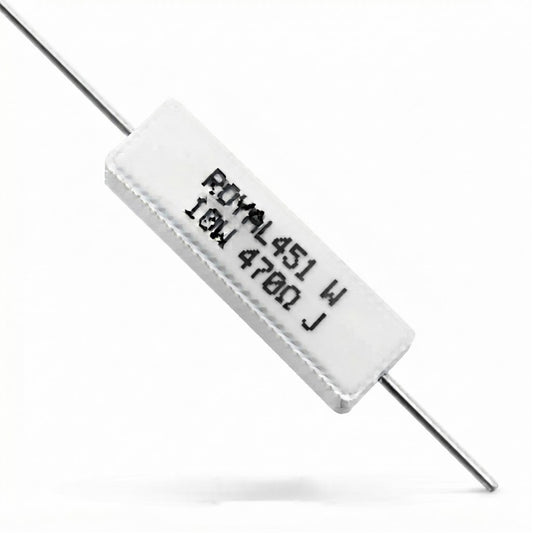 Resistenza a filo avvolto in corpo ceramico 470 Ohm 10W con terminali assiali per montaggio PTH su circuito stampato