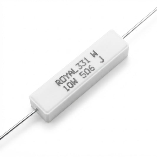 Resistenza a filo avvolto in corpo ceramico 5.6 Ohm 10W con terminali assiali per montaggio PTH su circuito stampato