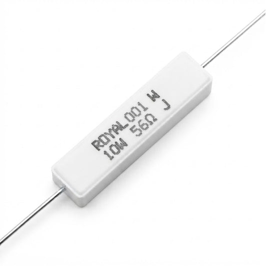 Resistenza a filo avvolto in corpo ceramico 56 Ohm 10W con terminali assiali per montaggio PTH su circuito stampato